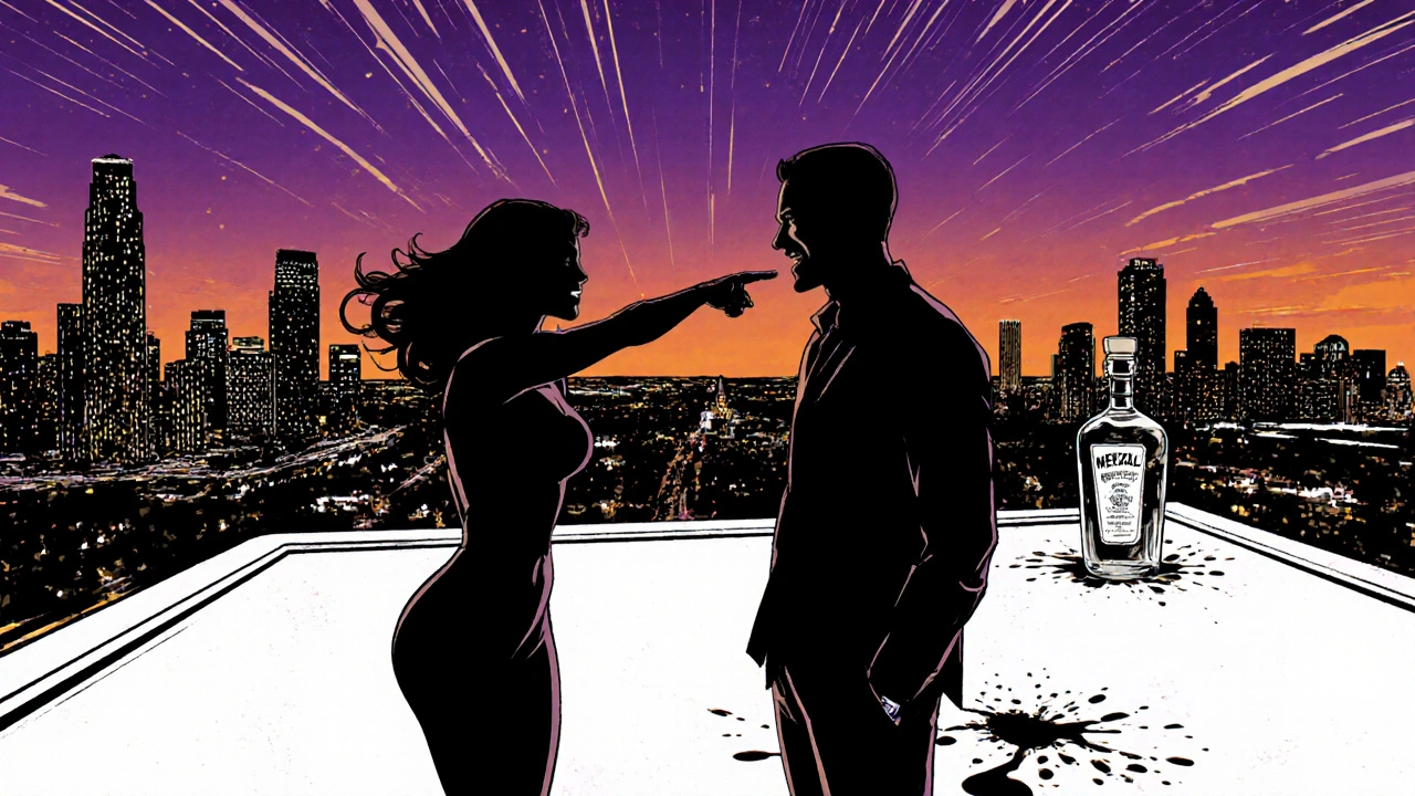 Silhouettes d&#039;un homme et d&#039;une femme sur un toit à Austin, nuit étoilée et ville en arrière-plan.