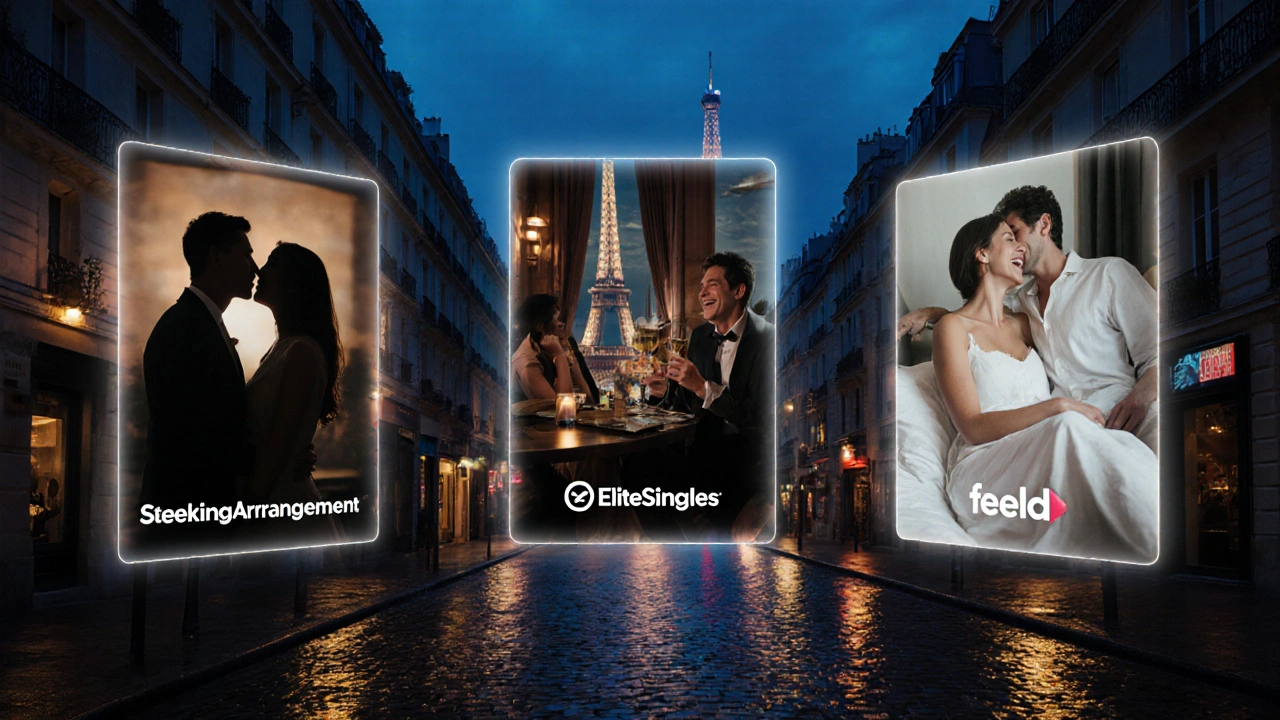 Trois applications de rencontre flottant au-dessus d&#039;une rue parisienne au crépuscule, avec des silhouettes d&#039;interactions intimes.