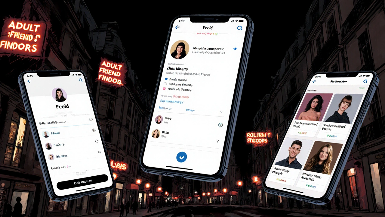 Trois écrans d&#039;applications de rencontre à Paris : Feeld, SeekingArrangement et AdultFriendFinder, avec lumières néon de la ville en arrière-plan.
