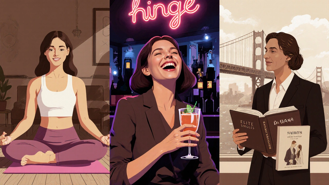 Trois femmes symbolisant les trois sites de rencontre américains dans un paysage urbain stylisé.