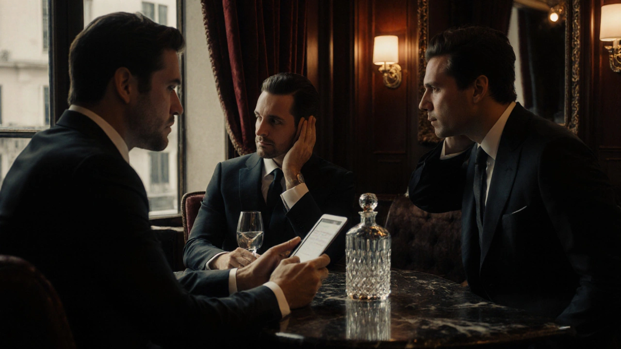 Trois hommes discutant discrètement dans un salon privé à Paris, dans un cadre d&#039;élite et d&#039;exclusivité.