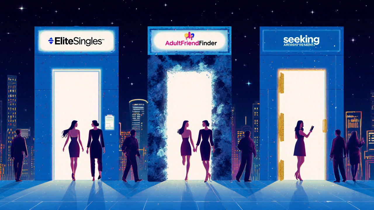 Trois portails numériques lumineux représentant des sites de rencontres adultes, dans une ville néon.