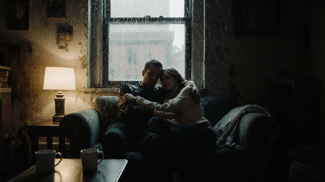 Un couple enlacé sur un canapé sous la pluie à Belleville, lumière tamisée, tasses de café, ambiance réelle et émotionnellement authentique.