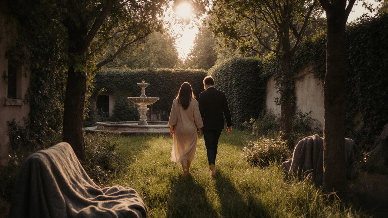 Un couple nu marche dans un jardin caché à Paris, lumière du coucher de soleil, couvertures en laine et fontaine en arrière-plan.