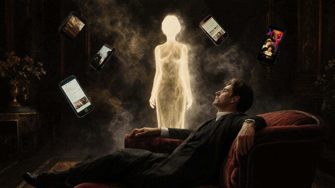 Un homme assis entouré de souvenirs flottants, tandis qu&#039;une silhouette lumineuse lui offre une présence apaisante.