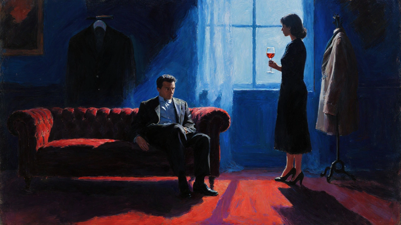 Un homme assis seul, regardant dans le vide, tandis que sa femme se tient silencieusement près d&#039;une fenêtre, le vin non bu à la main.