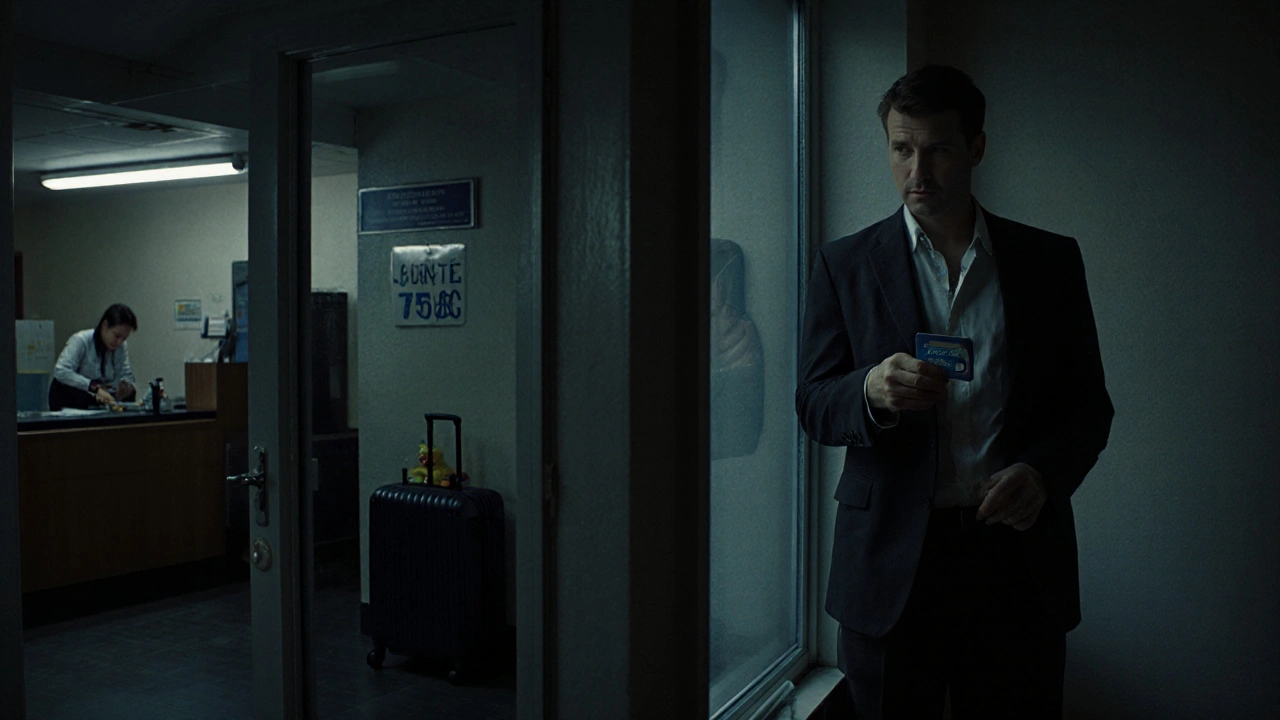 Un homme dans une chambre d&#039;hôtel bon marché, son reflet montre la réceptionniste qui vérifie son numéro de plaque.