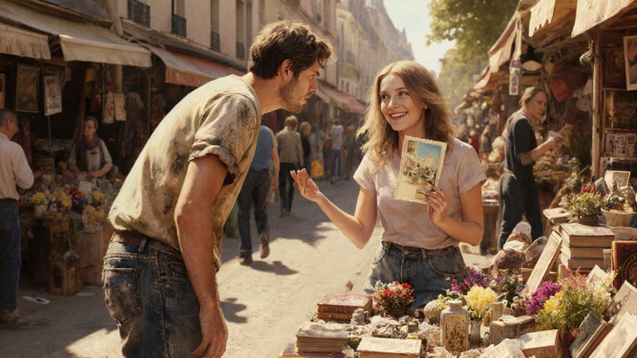 Un homme écoute attentivement une femme au marché aux puces de Saint-Ouen, tenant une vieille carte postale.