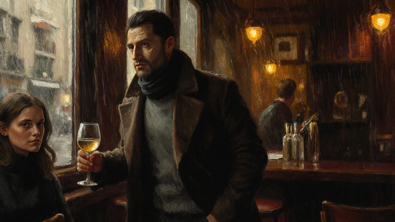 Un homme entre dans un bar de jazz à Montmartre, une femme le regarde par-dessus son épaule.