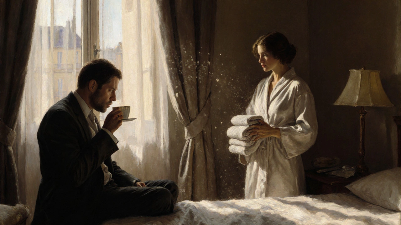 Un homme et une femme dans une chambre d’hôtel, partageant un moment silencieux et digne avec du thé.