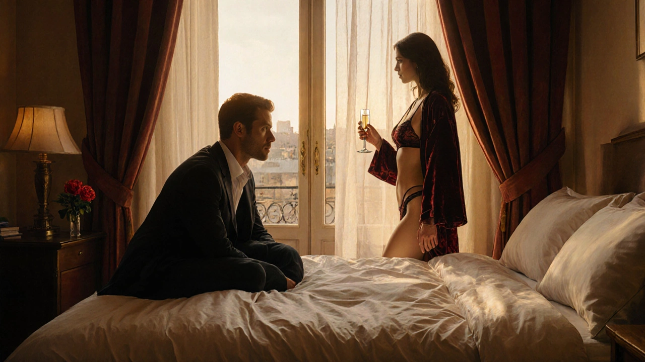 Un homme et une femme dans une chambre luxueuse, sans visages visibles, atmosphère de rencontre discrète et élégante.