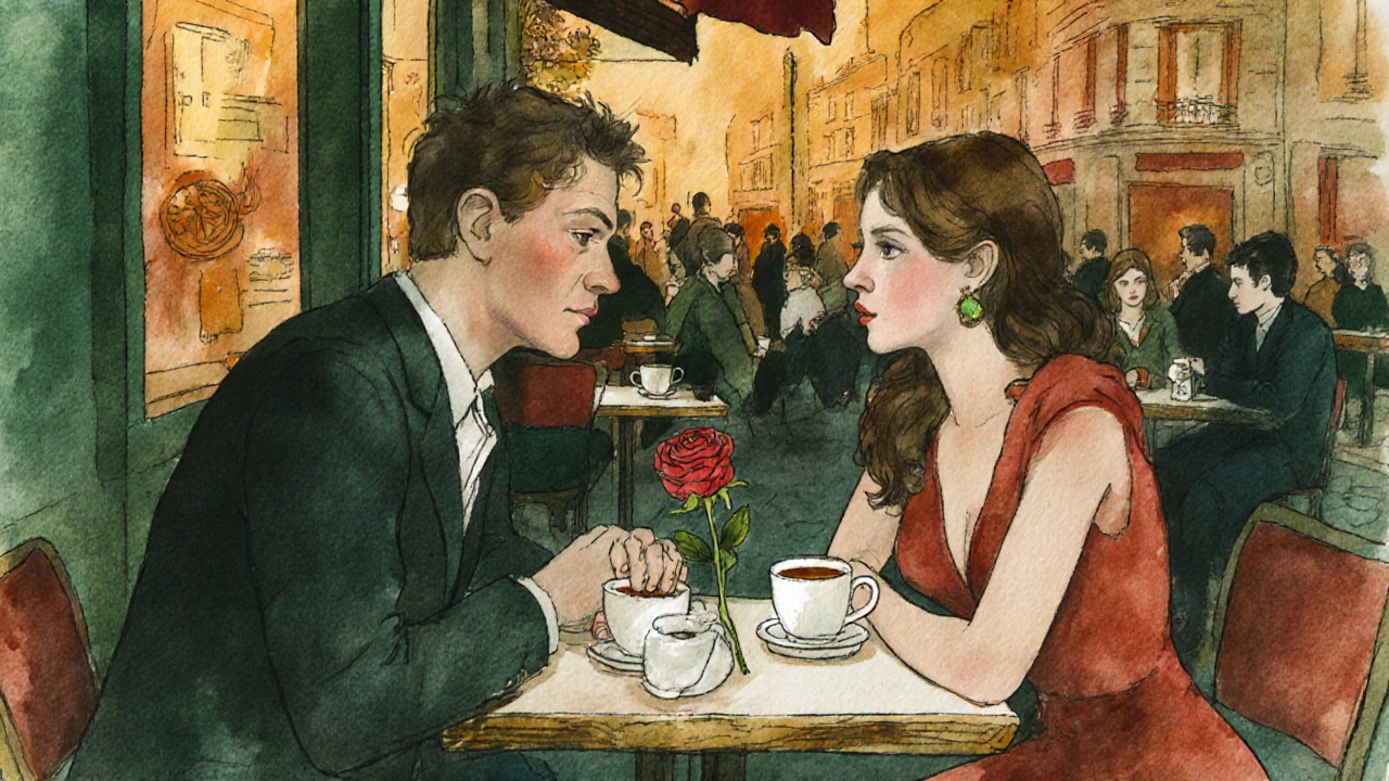 Un homme et une femme se regardant dans un café parisien au crépuscule, tension silencieuse.