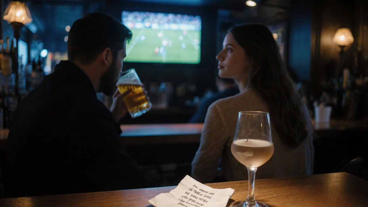 Un homme et une femme sont côte à côte dans un bar à Berlin, l’un regardant un match, l’autre le regardant discrètement.