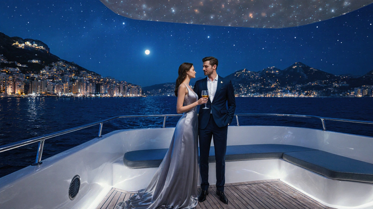 Un homme et une femme sur un yacht à Monaco, sous les étoiles, en pleine conversation intime.