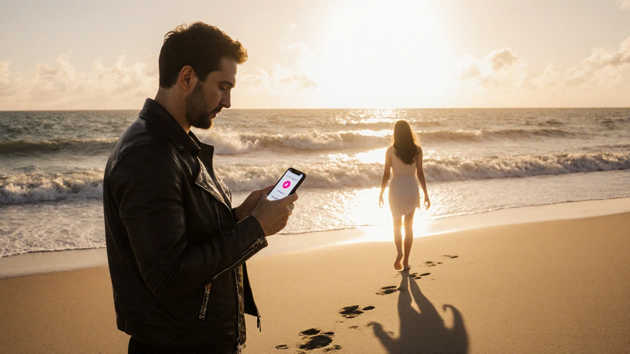 Un homme européen sur une plage de Miami au coucher du soleil, tenant un téléphone avec une notification Tinder, des empreintes de pieds dans le sable.