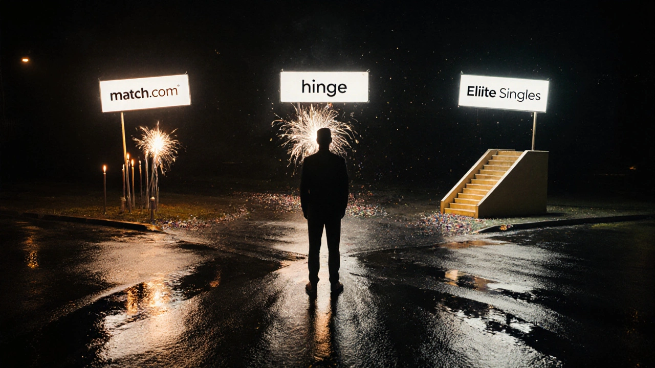 Un homme face à trois chemins lumineux représentant Match.com, Hinge et Elite Singles.