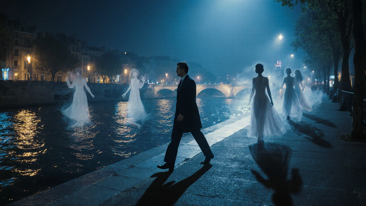 Un homme marche le long de la Seine à Paris, des silhouettes féminines floues apparaissent et disparaissent dans la brume nocturne.