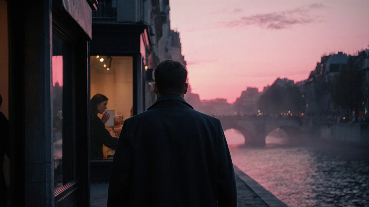 Un homme marche seul au petit matin à Paris, son reflet dans une vitrine montre une main qui disparaît.