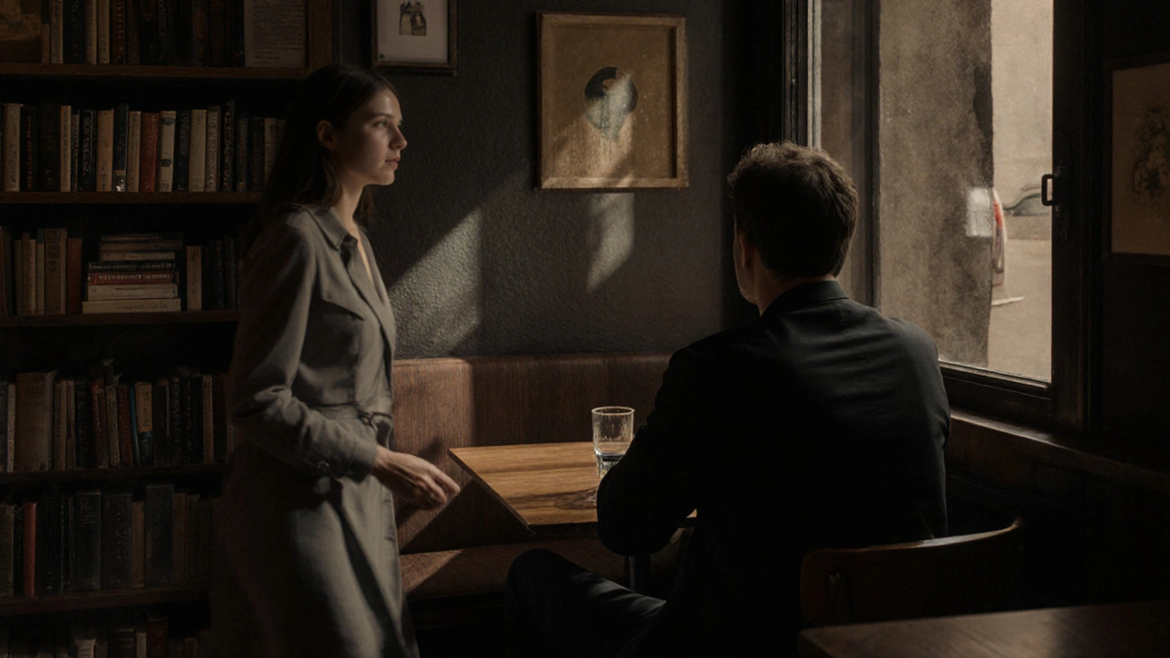 Un homme observant la salle dans un club intime de Montpellier, une femme passe près de lui, regard furtif.