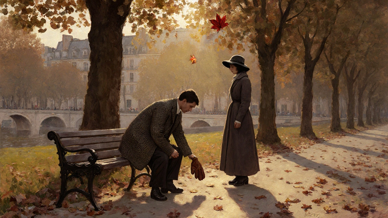 Un homme ramasse un gant sur un banc du Jardin du Luxembourg.