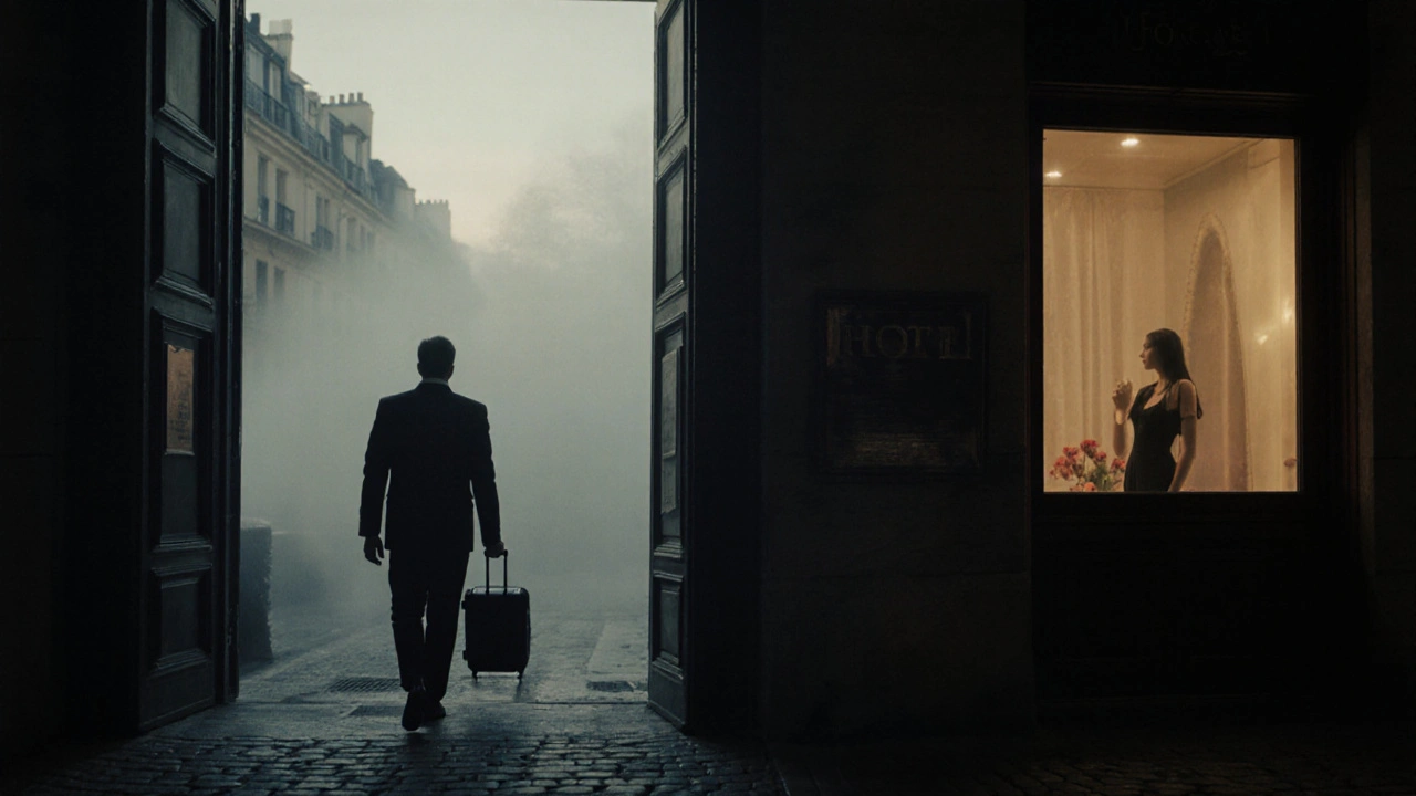 Un homme s&#039;éloigne d&#039;un hôtel parisien au lever du jour, une silhouette féminine l&#039;observe depuis une fenêtre, brouillard et calme matinal.