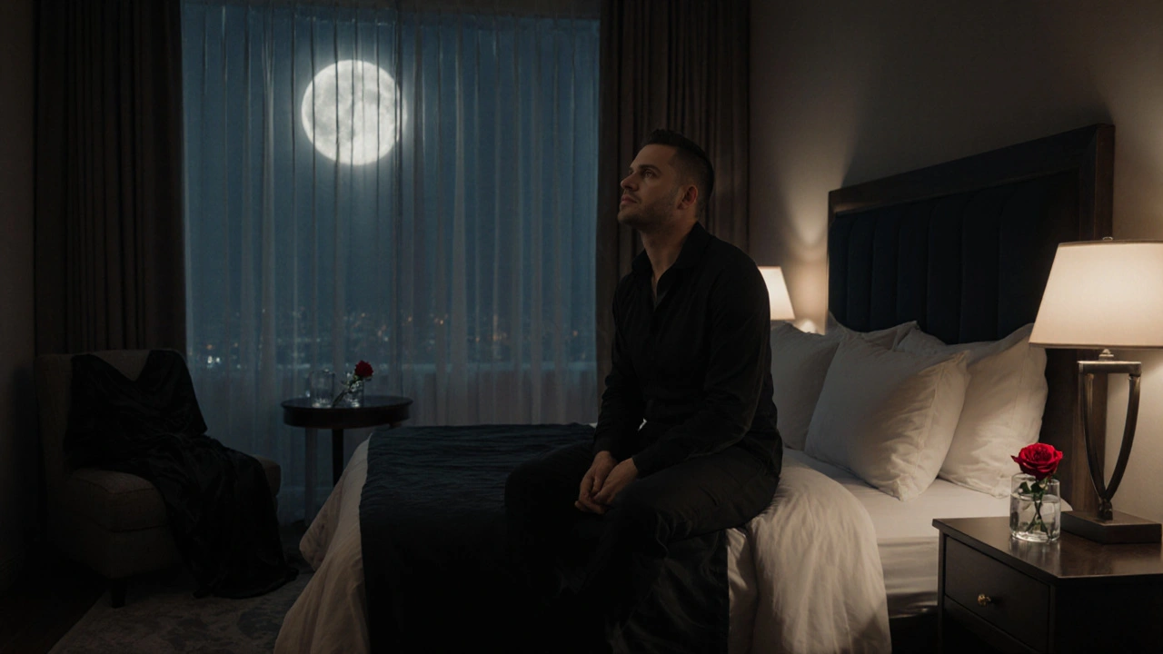 Un homme seul sur un lit, regardant le plafond après une rencontre intime, une rose rouge sur la table de nuit.