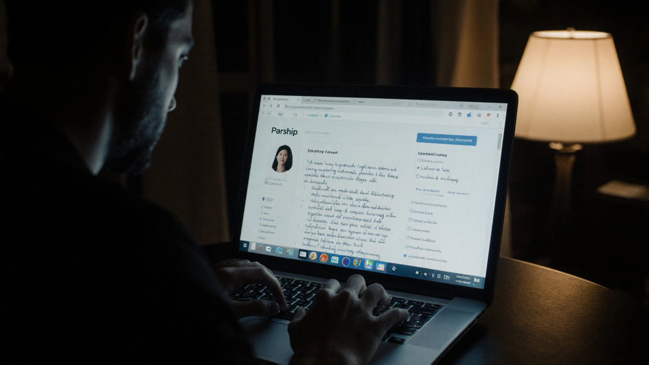 Un homme sur un ordinateur, remplissant un profil de rencontre profond et introspectif à Paris.