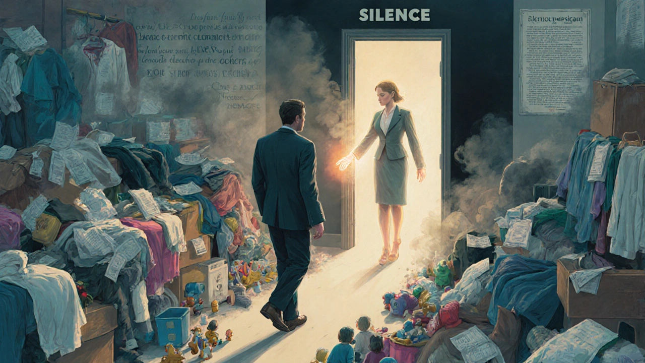 Un homme traverse un labyrinthe de objets familiaux vers une silhouette lumineuse symbolisant la liberté.