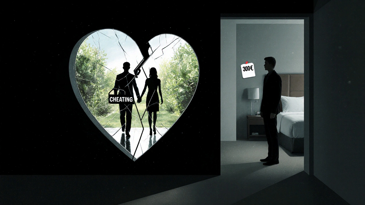 Un miroir brisé reflétant un couple heureux dans un jardin, tandis qu&#039;un homme seul se tient devant, symbolisant le mensonge et la solitude.