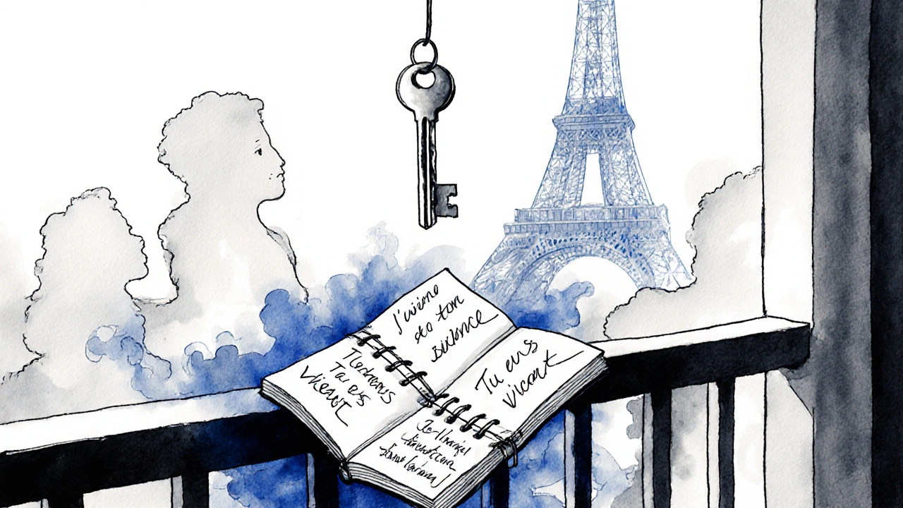 Une clé suspendue au-dessus d&#039;un carnet ouvert avec des mots écrits à la main, fumée et ville floutée.