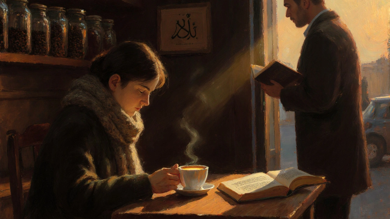 Une femme au regard las contemple une tasse de café dans un café-librairie, un livre ouvert sur Rumi à côté d&#039;elle.