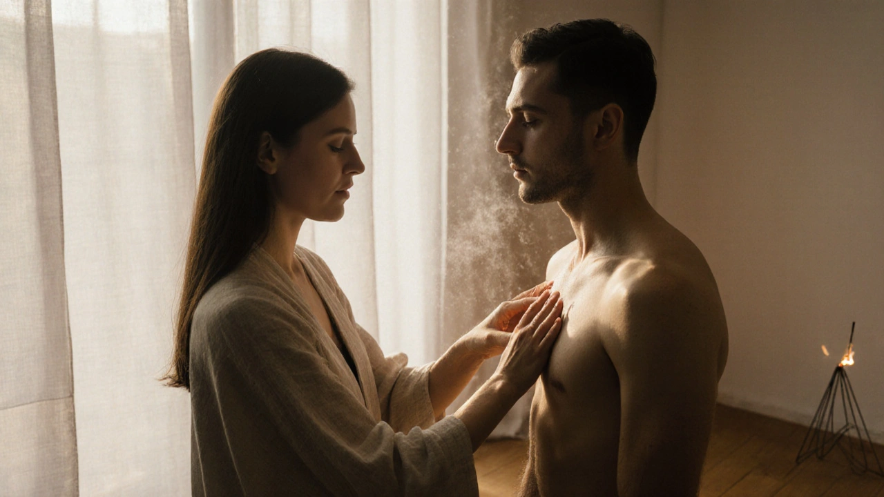 Une femme chante en appliquant une huile parfumée sur la poitrine d&#039;un homme allongé, à la lumière du matin.