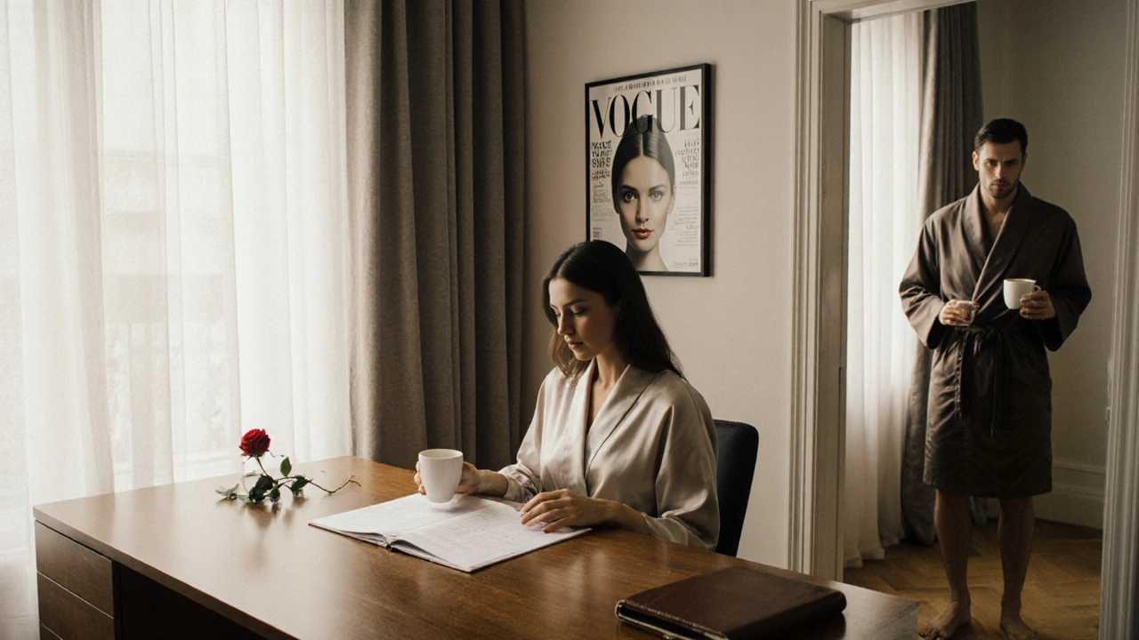 Une femme d&#039;affaires dans son appartement de Lyon, un homme la regarde avec respect au petit matin.