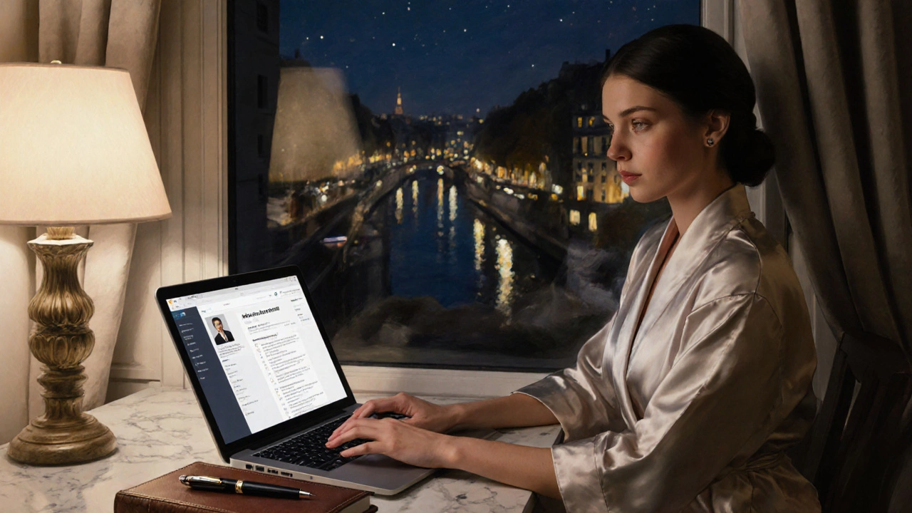 Une femme dans une robe de soie devant une fenêtre à Paris, un CV et un stylo posés sur une table, la ville scintille en arrière-plan.