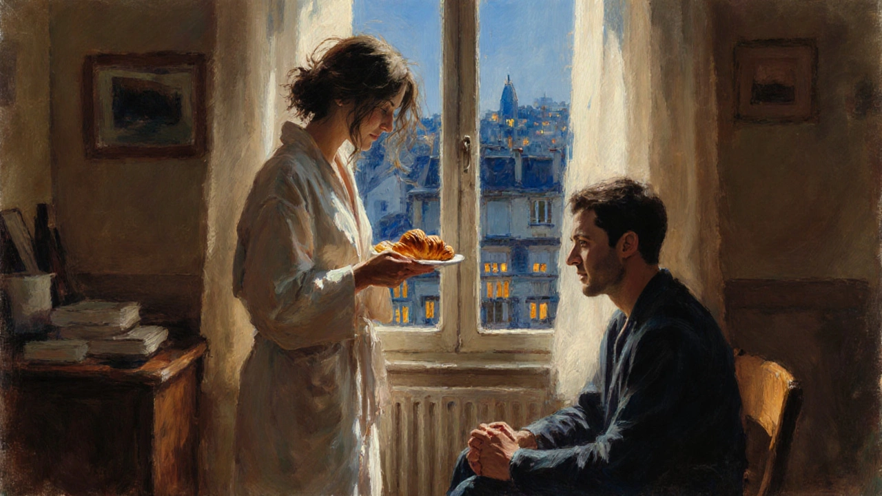 Une femme debout près d&#039;une fenêtre avec un croissant, homme assis en silence, lumière du matin.