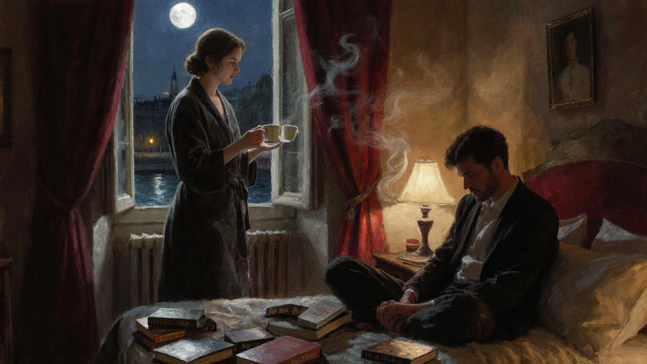 Une femme debout près d'une fenêtre ouverte sur la Seine, un homme assis sur un lit, livres et fumée de patchouli dans l'air.