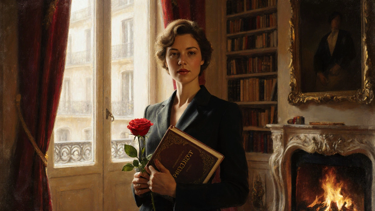 Une femme élégante tient un livre et une rose dans un appartement de Saint-Germain, lumière dorée et étagères de livres.