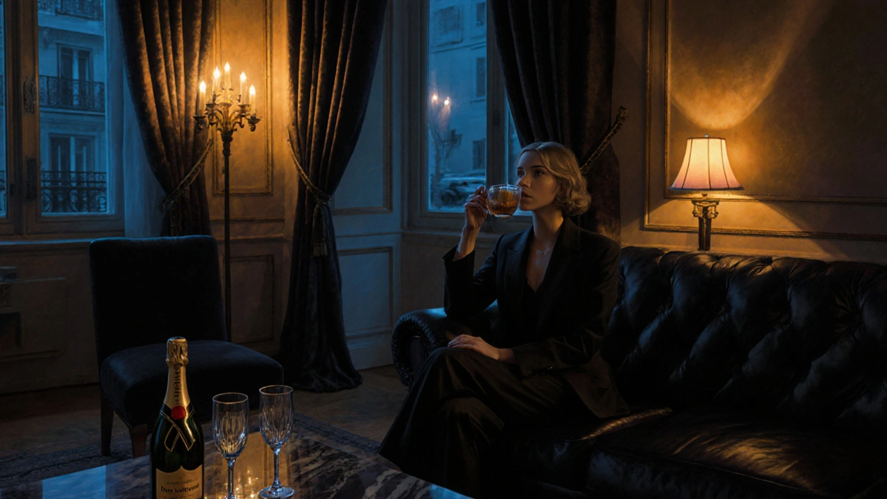 Une femme en costume noir sirote un thé dans un salon luxueux, lumière douce et silence palpable.