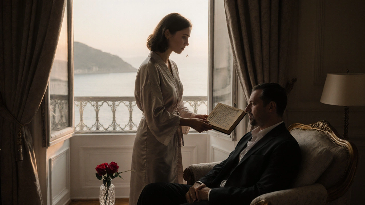 Une femme en robe de soie laisse un livre de Baudelaire sur les genoux d&#039;un homme pleurant en silence à Monaco.