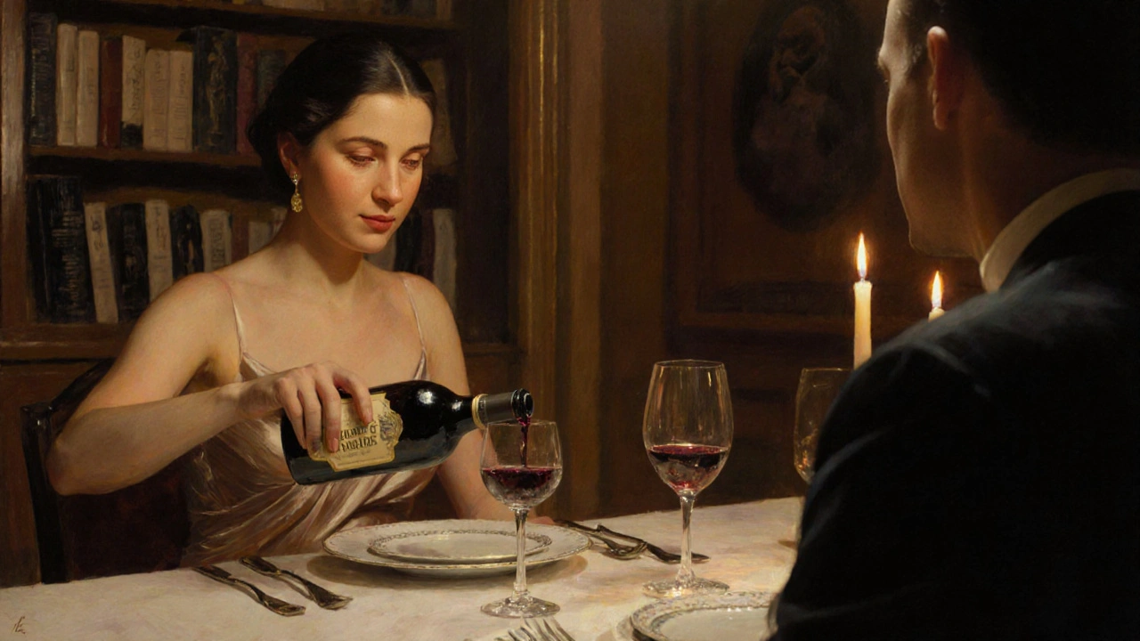 Une femme en robe de soie sert du vin dans un salon élégant, éclairé par des bougies.