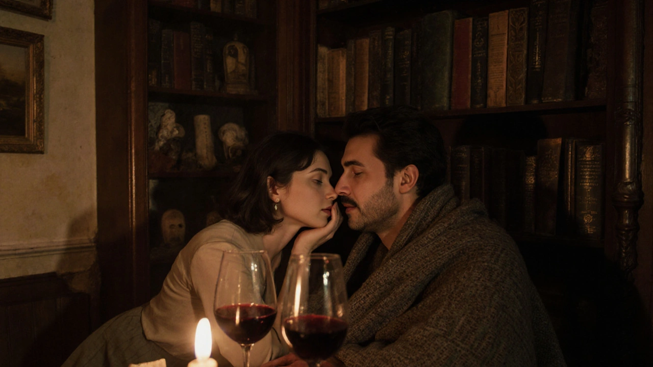 Une femme et un homme dans un coin intime de Le Comptoir Général, bougie et vin rouge.