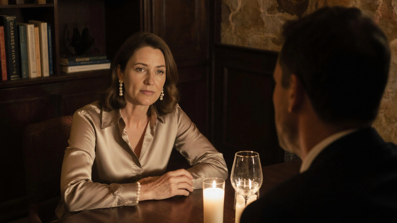 Une femme et un homme discutant profondément dans une cave à vin, sous une lumière douce.