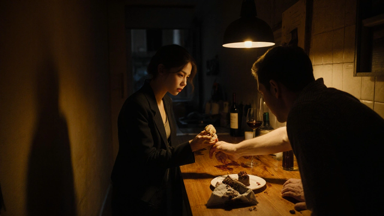 Une femme offre une bouchée de foie gras à un homme dans une cuisine parisienne de minuit, lumière dorée et ombres profondes.