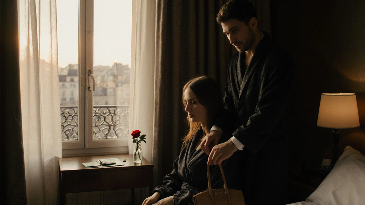 Une femme quitte une chambre d&#039;hôtel à l&#039;aube, laissant un billet et une pièce d&#039;identité sur la table.