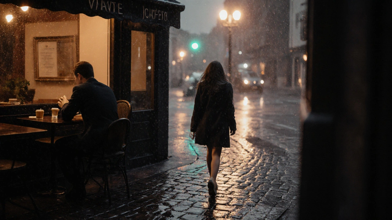 Une femme s&#039;éloigne d&#039;un café tandis qu&#039;un homme la regarde par la fenêtre.