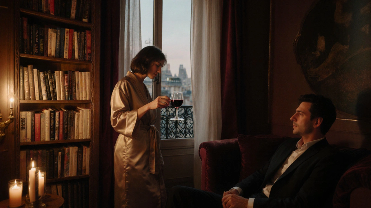 Une femme sert du vin rouge dans un appartement parisien, des livres de Proust et Camus sur une étagère, lumière douce et rideaux de soie.