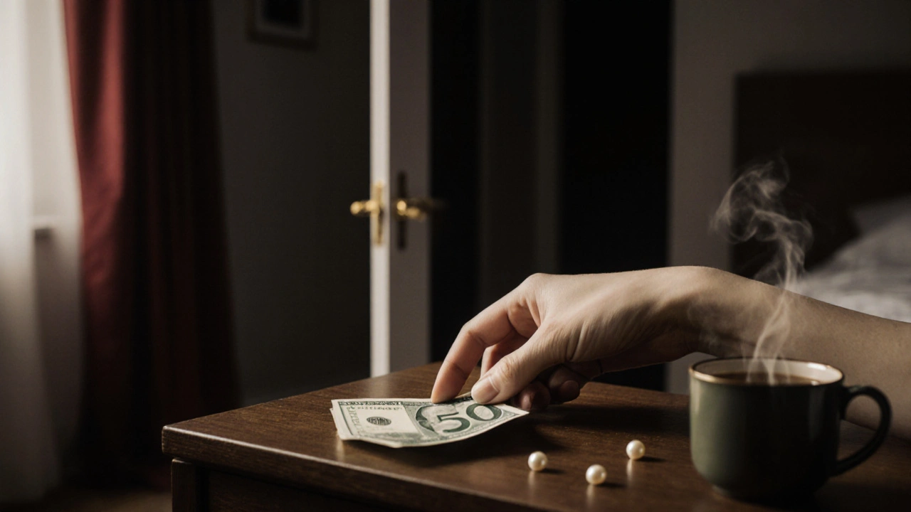 Une main dépose un billet de 50€ près d’une tasse de thé, bijou et silence témoignent d’un moment intime.