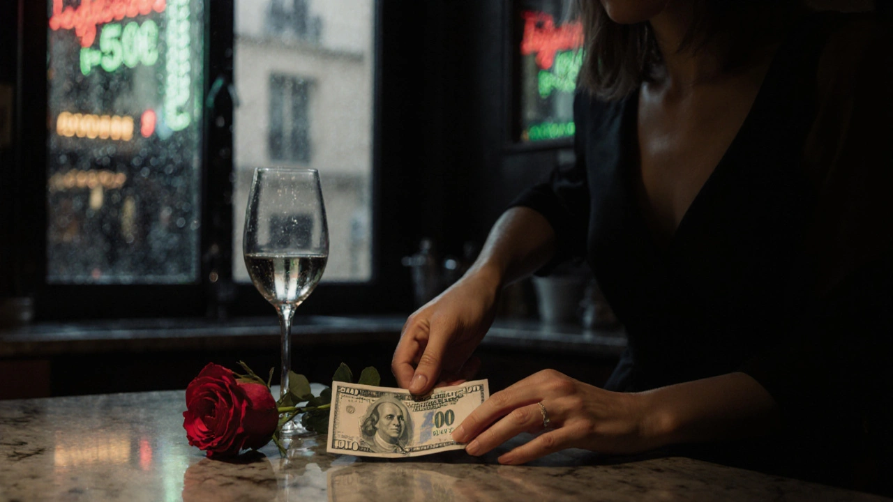 Une main posant un billet de 200€ sur un comptoir de marbre avec un verre de vin et une rose.