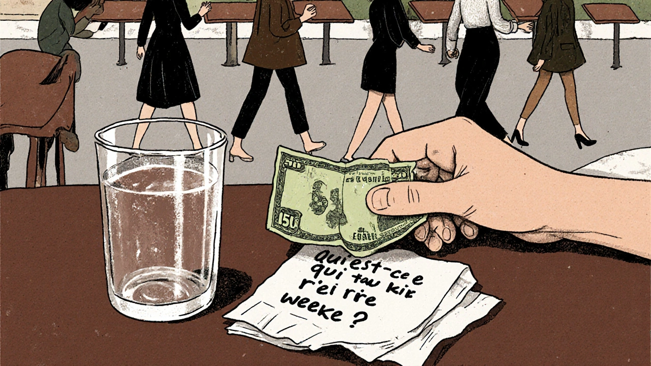 Une main pose un billet de 15€ sur un comptoir de café, avec une question écrite à la main.