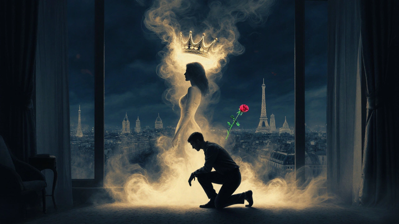 Une silhouette féminine se transforme en couronne de fumée au-dessus d&#039;un homme seul dans une chambre.